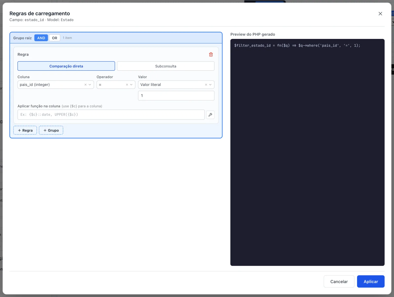 Janela de Regras de carregamento com uma regra montada e o preview do PHP gerado