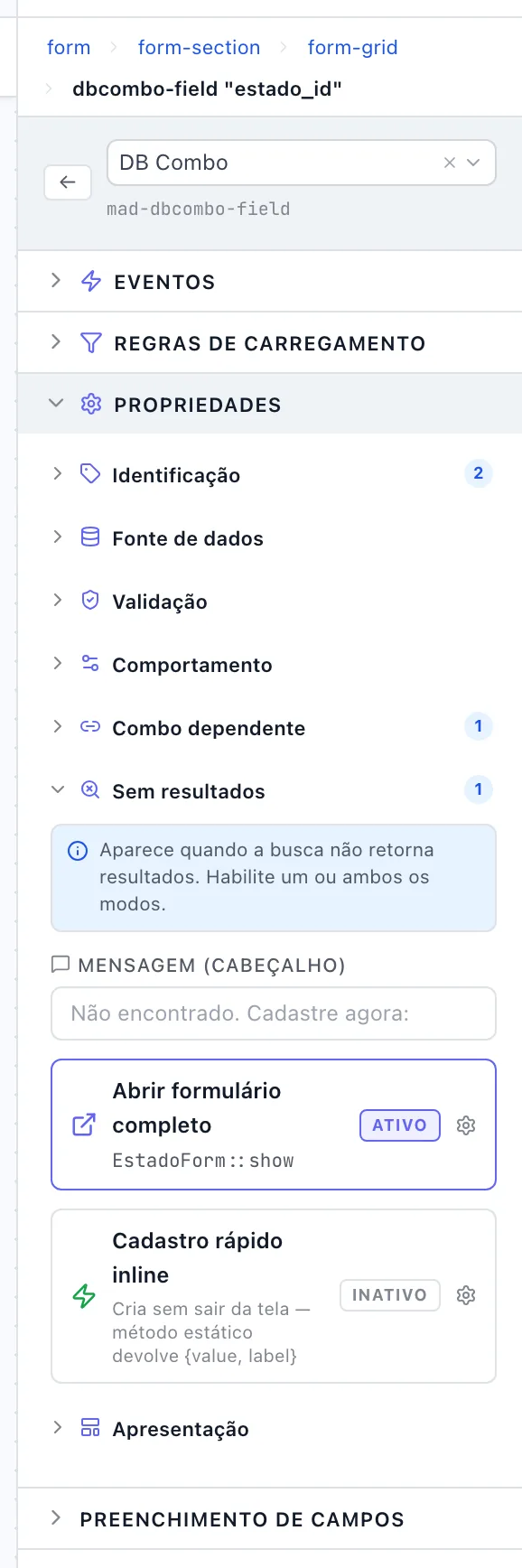 Seção Sem resultados com a mensagem de cabeçalho e os dois modos: abrir formulário completo (ativo) e cadastro rápido inline (inativo)
