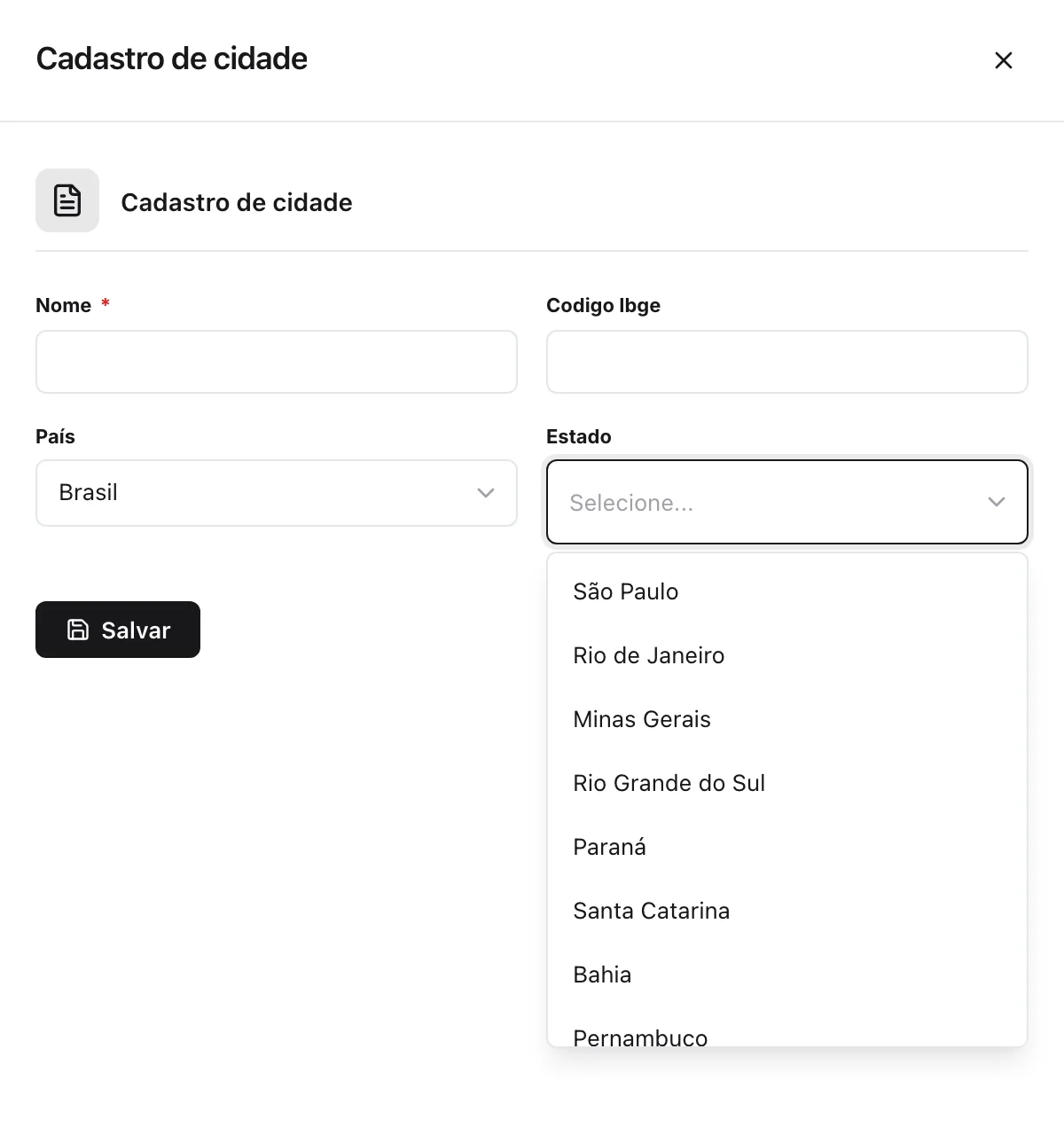 Formulário rodando: com Brasil escolhido no campo País, o dropdown de Estado lista os estados brasileiros