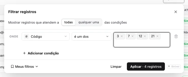 Condição Código é um dos com várias etiquetas criadas a partir de uma lista colada