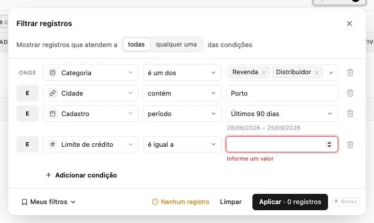 Condição sem valor destacada em vermelho com a mensagem Informe um valor