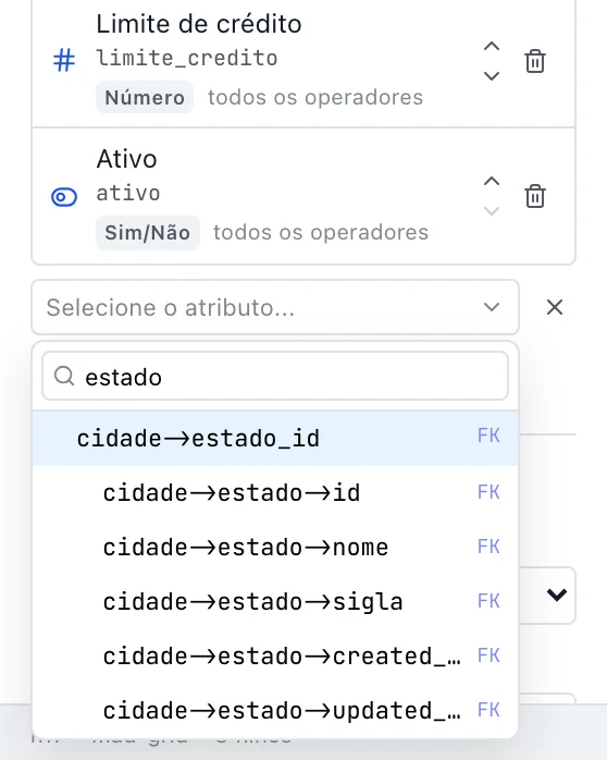 Seletor Adicionar coluna aberto com a busca estado, listando as colunas da tabela Estado alcançadas pela relação: cidade → estado → id, nome e sigla