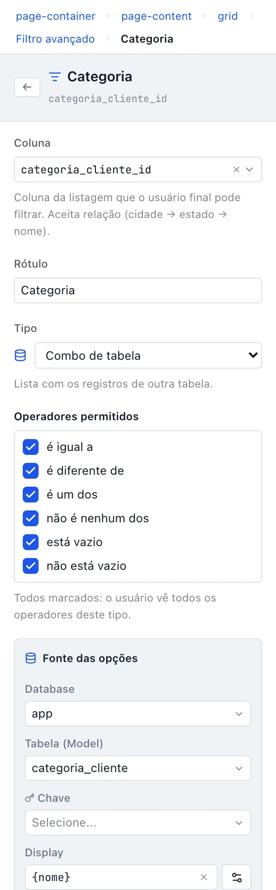 Painel da coluna Categoria com o tipo Combo de tabela, os operadores permitidos marcados e a fonte das opções apontando para a tabela categoria_cliente