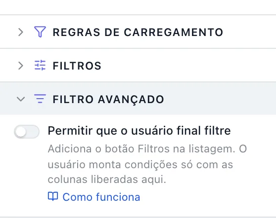 Painel de propriedades da grade com as seções Regras de carregamento, Filtros e Filtro avançado; no Filtro avançado, o interruptor Permitir que o usuário final filtre está desligado