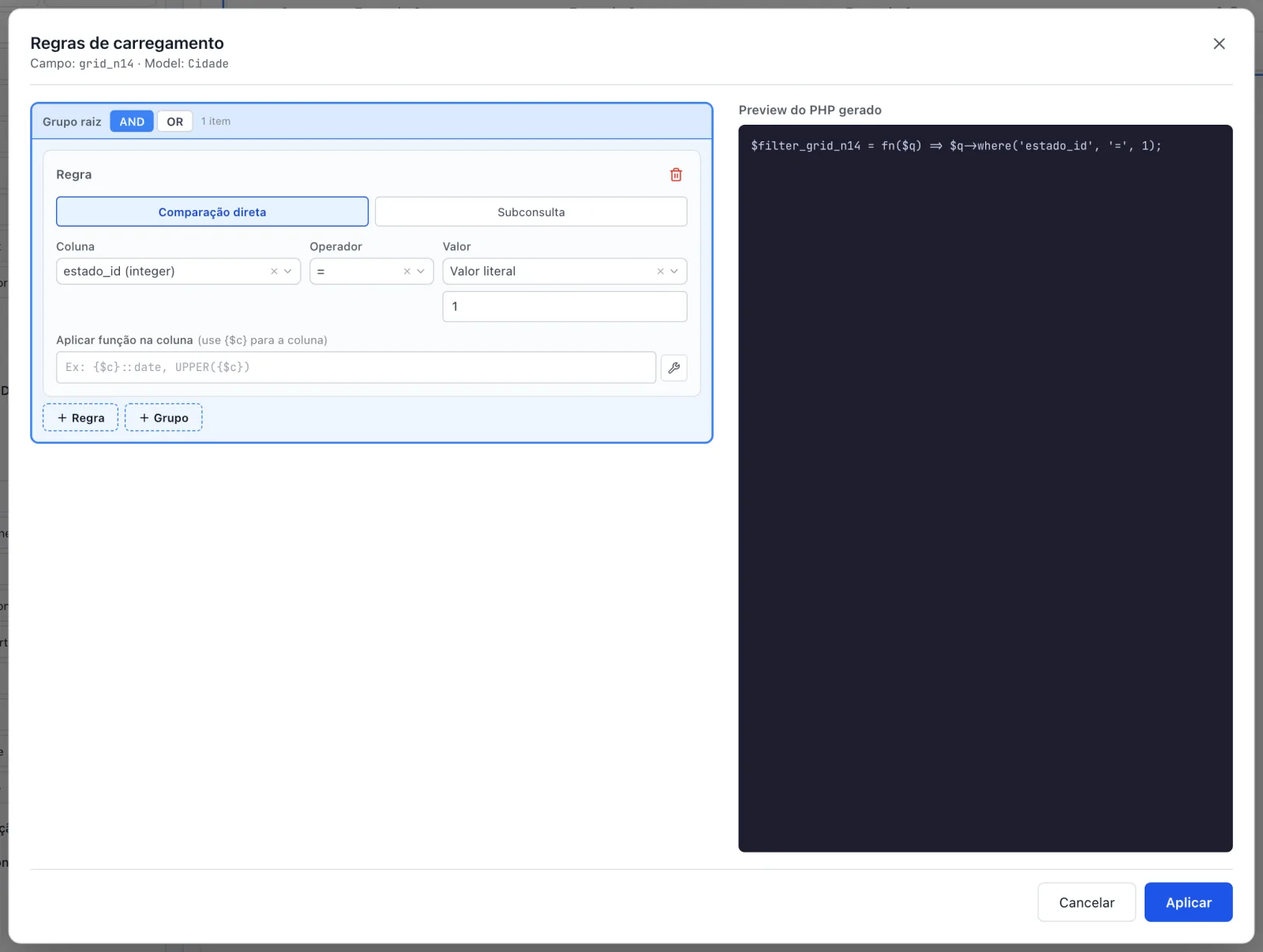Janela de Regras de carregamento com uma regra montada e o preview do PHP gerado
