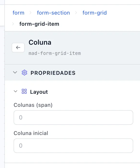 Painel de propriedades de uma Coluna, com Colunas (span) e Coluna inicial