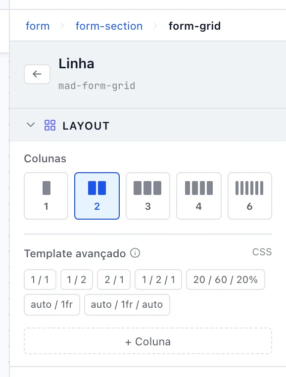 Painel de propriedades de uma Linha, com a seção Layout aberta