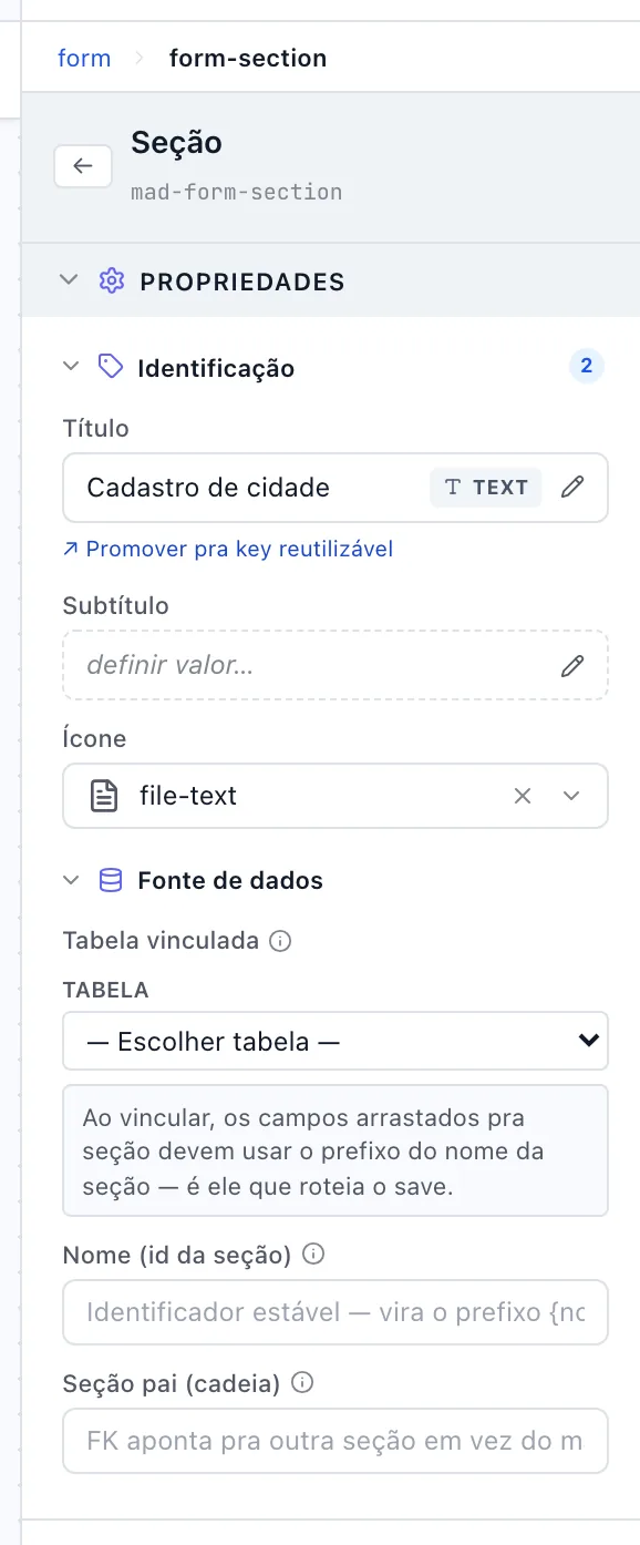 Painel de propriedades de uma Seção, com Identificação e Fonte de dados abertas