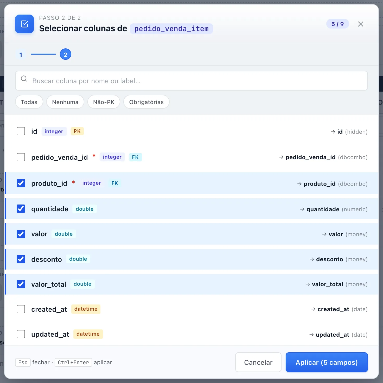 Janela do assistente de colunas da lista de itens, com a lista de colunas da tabela filha e o botão Aplicar
