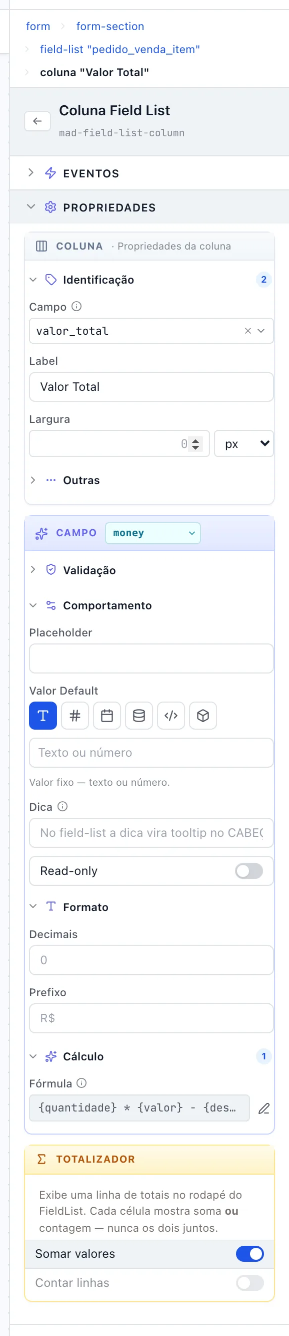 Painel da coluna Valor Total, com Comportamento, Formato, Cálculo e o cartão Totalizador