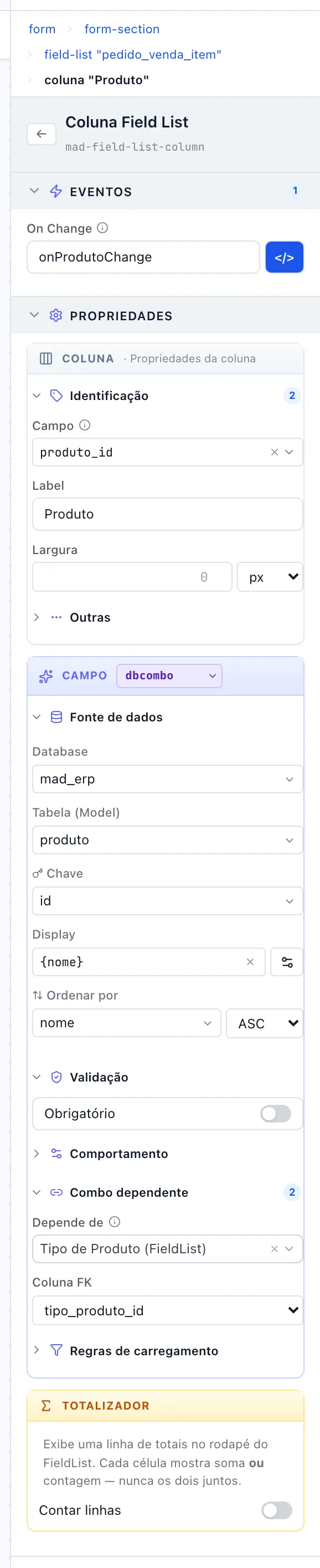 Painel de uma coluna do tipo tabela do banco, com os cartões Coluna e Campo e a seção Eventos abertos