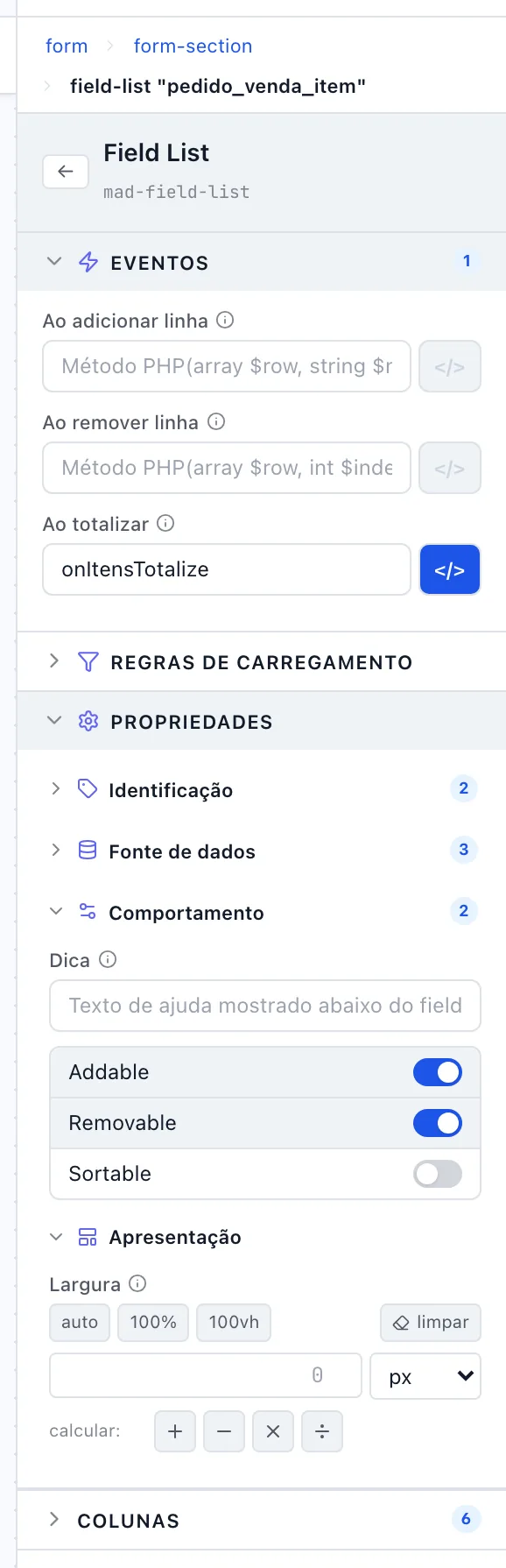 Painel da lista de itens com as seções Eventos, Comportamento e Apresentação abertas