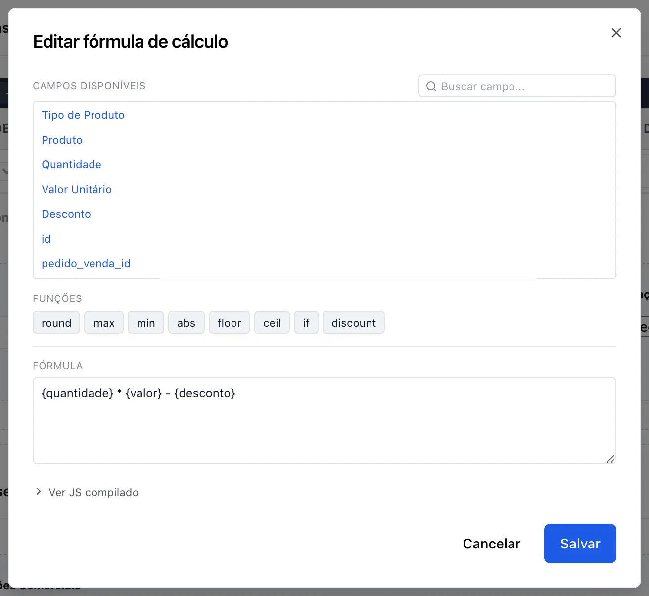Janela Editar fórmula de cálculo, com os campos disponíveis, as funções e a fórmula