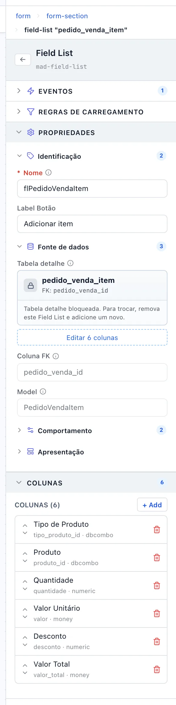 Painel de propriedades de uma lista de itens com Identificação, Fonte de dados e o acordeão Colunas abertos