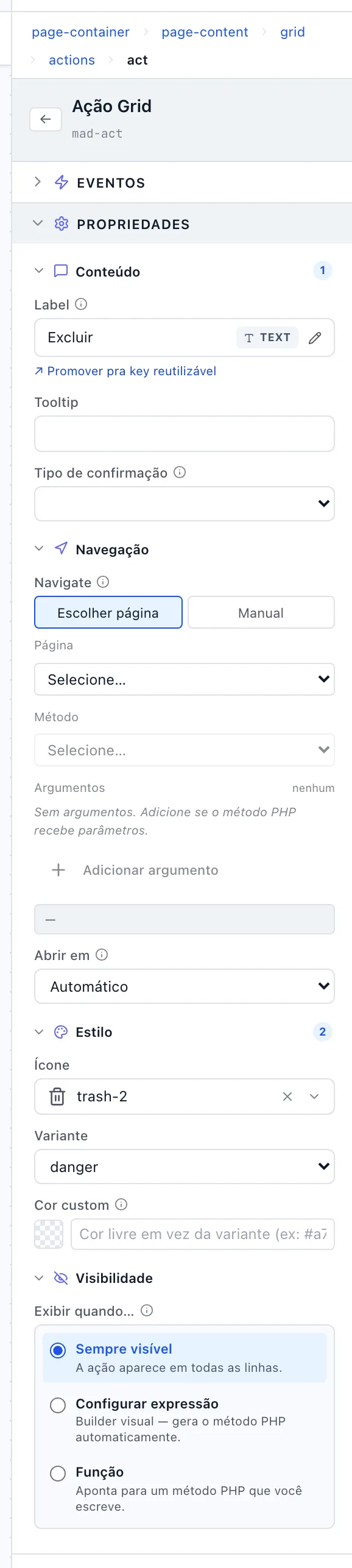 Painel de propriedades de uma Ação de linha, com Conteúdo, Navegação, Estilo e Visibilidade