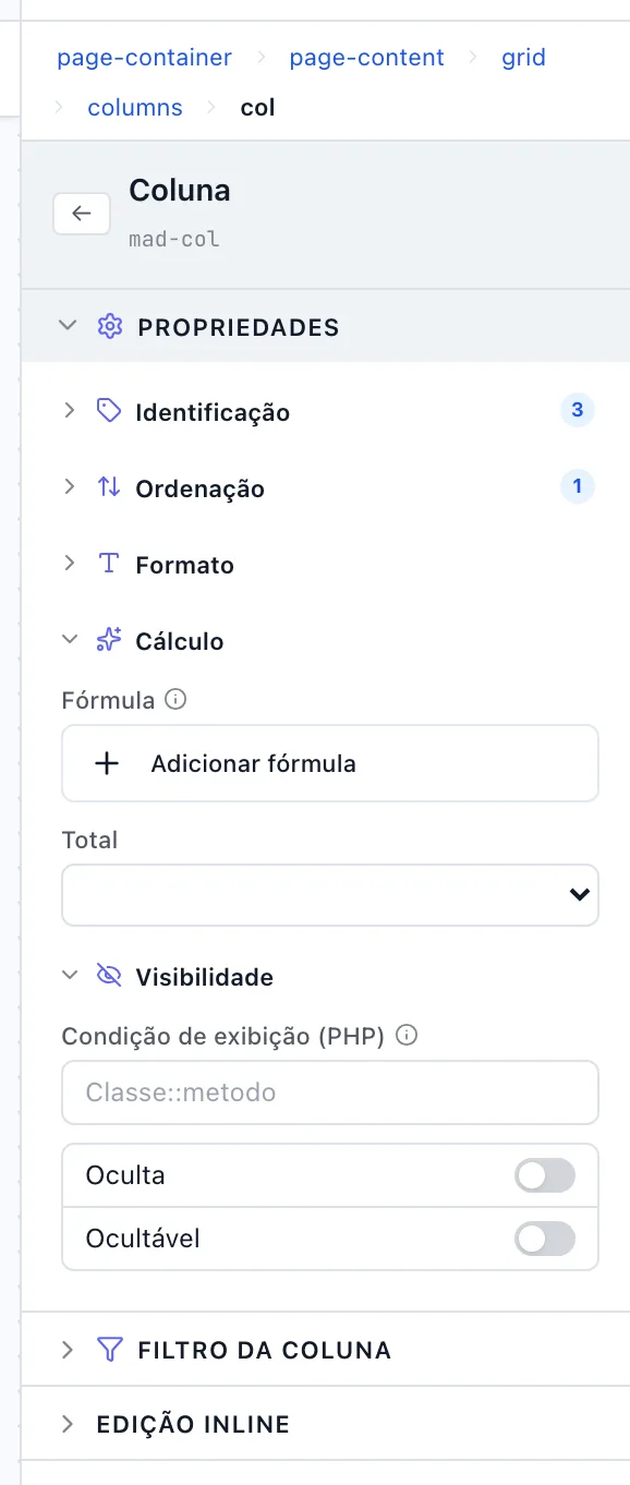 Painel da Coluna com as seções Cálculo e Visibilidade