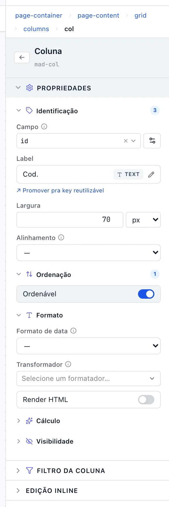 Painel de propriedades de uma Coluna, com Identificação, Ordenação e Formato