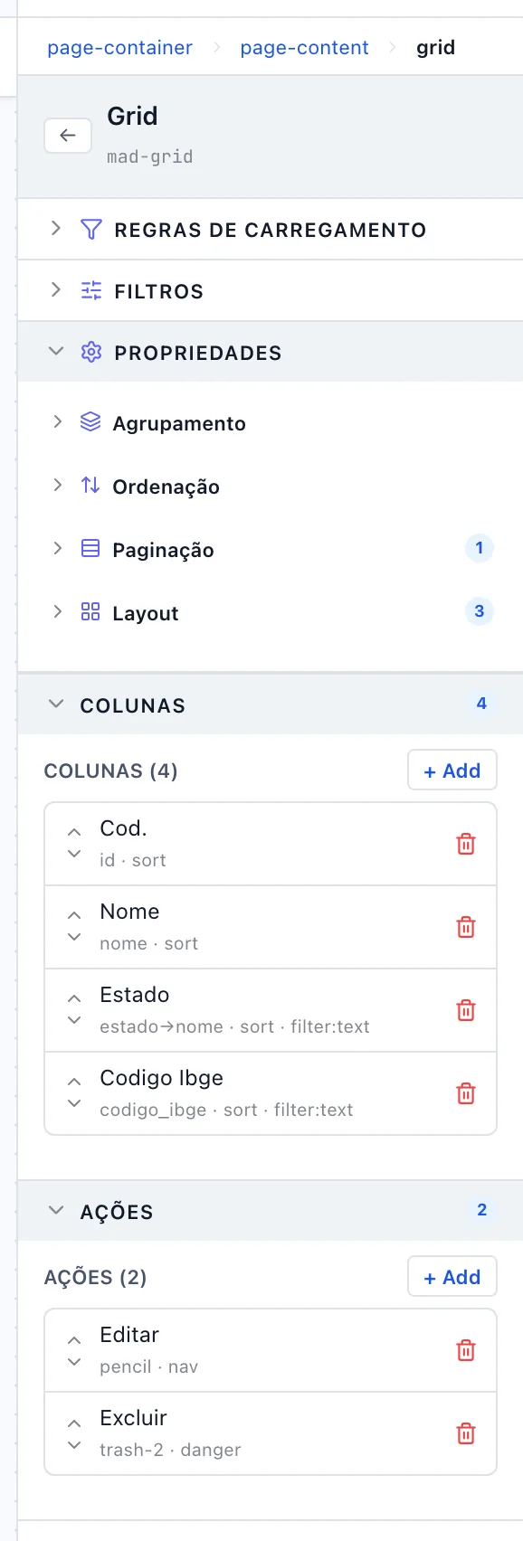 Painel da grade com as seções Colunas e Ações