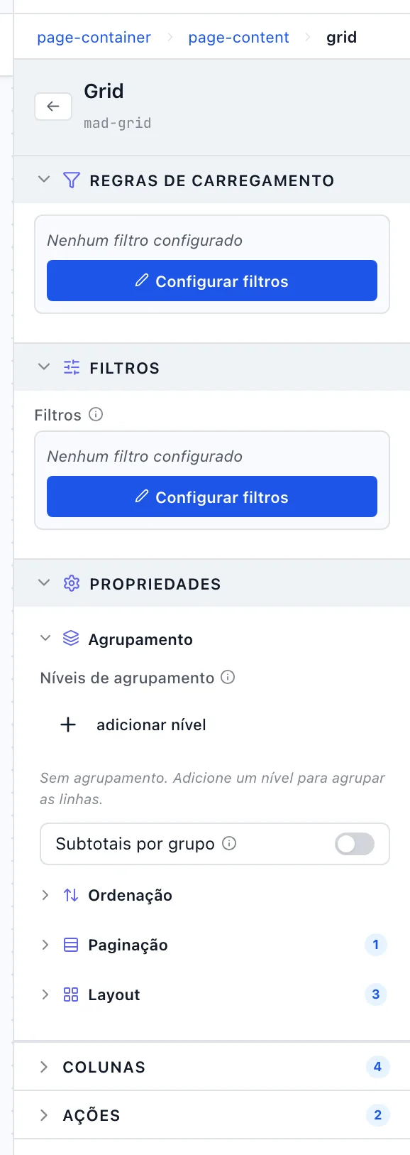Painel da grade com as seções Regras de carregamento, Filtros e Agrupamento