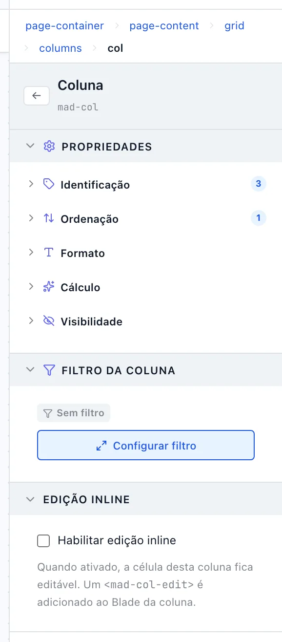Painel da Coluna com as seções Filtro da coluna e Edição inline