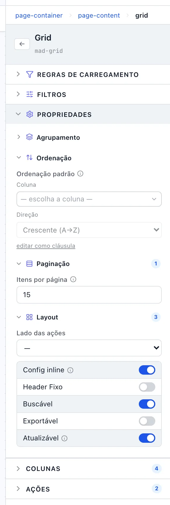 Painel de propriedades da grade, com Layout, Paginação e Ordenação abertas