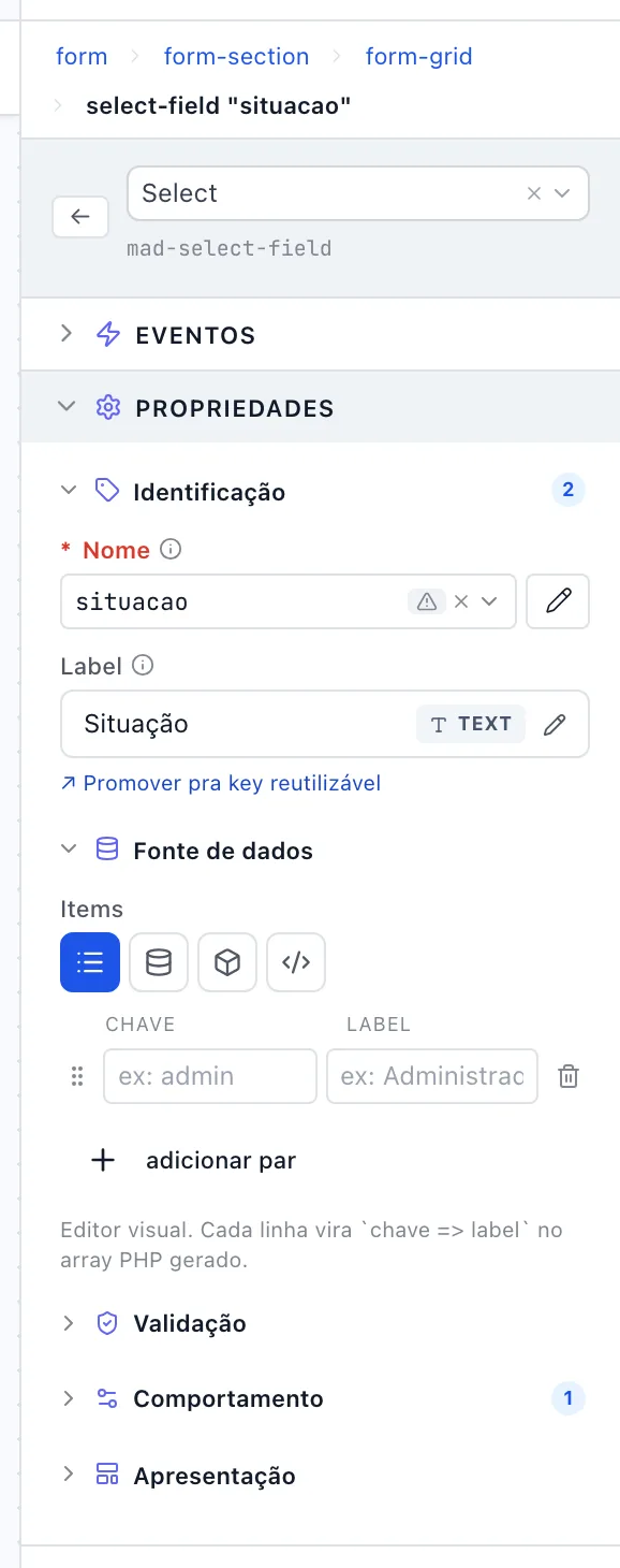 Painel de propriedades de um Select com Identificação e Fonte de dados abertas