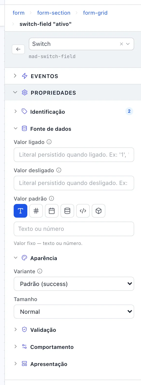 Painel de propriedades de um Interruptor com Fonte de dados e Aparência abertas