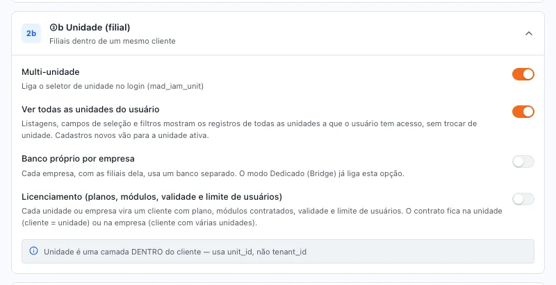 Bloco Unidade (filial) com Multi-unidade e Ver todas as unidades do usuário ligados, Banco próprio por empresa e Licenciamento desligados