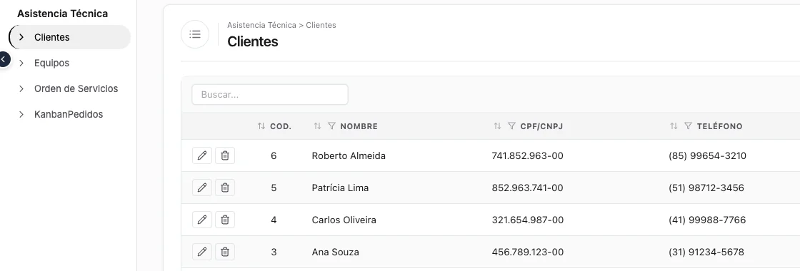 A mesma listagem em espanhol: menu Clientes, Equipos, Orden de Servicios e as colunas Cód., Nombre, CPF/CNPJ e Teléfono