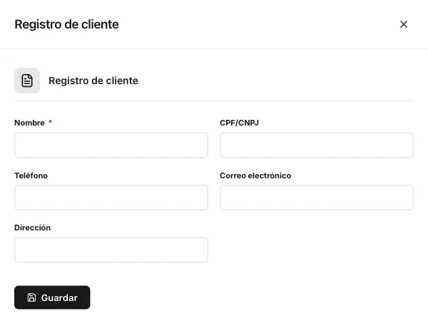 Formulário de cliente em espanhol: título Registro de cliente, campos Nombre, Teléfono, Correo electrónico, Dirección e botão Guardar