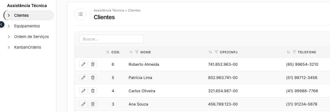 Listagem de clientes do app em português: menu Clientes, Equipamentos, Ordem de Serviços e as colunas Cód., Nome, CPF/CNPJ e Telefone