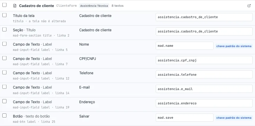 Linhas da lista: um rótulo com o selo chave padrão do sistema, o título da tela e o texto de um botão