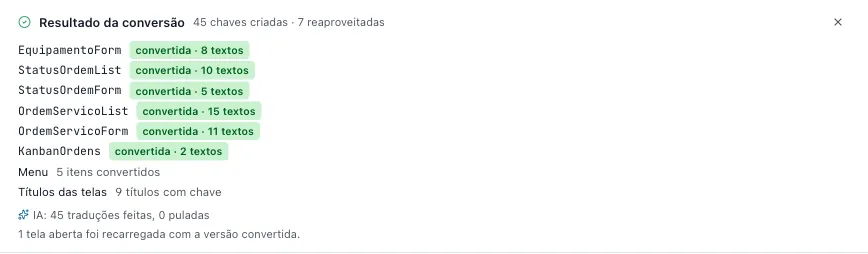 Resultado da conversão: 45 chaves criadas e 7 reaproveitadas, telas convertidas, 5 itens do menu, 9 títulos com chave e 45 traduções feitas pela IA