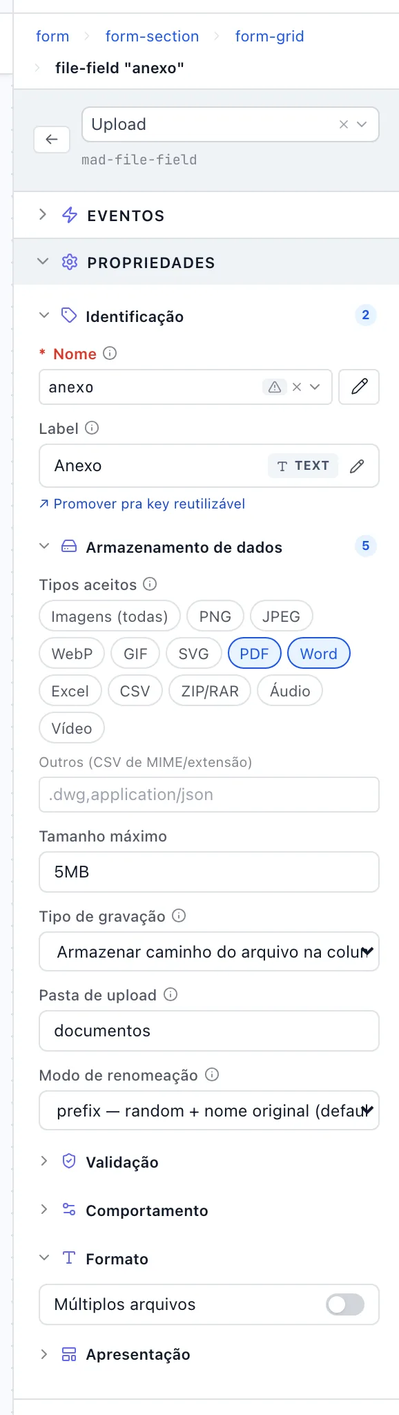 Painel de um campo Upload com Identificação, Armazenamento de dados e Formato abertos, gravando no disco