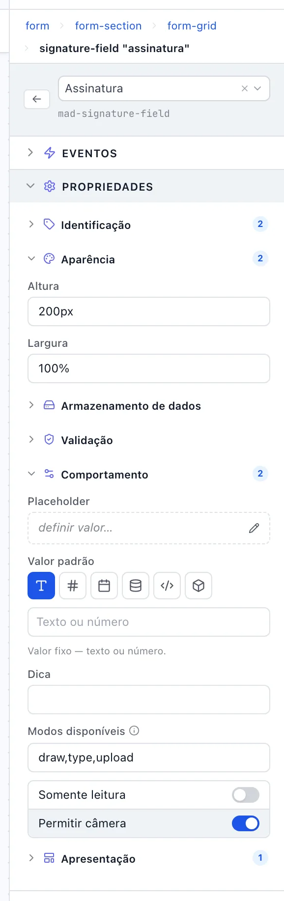 Painel de um campo Assinatura com Aparência e Comportamento abertos