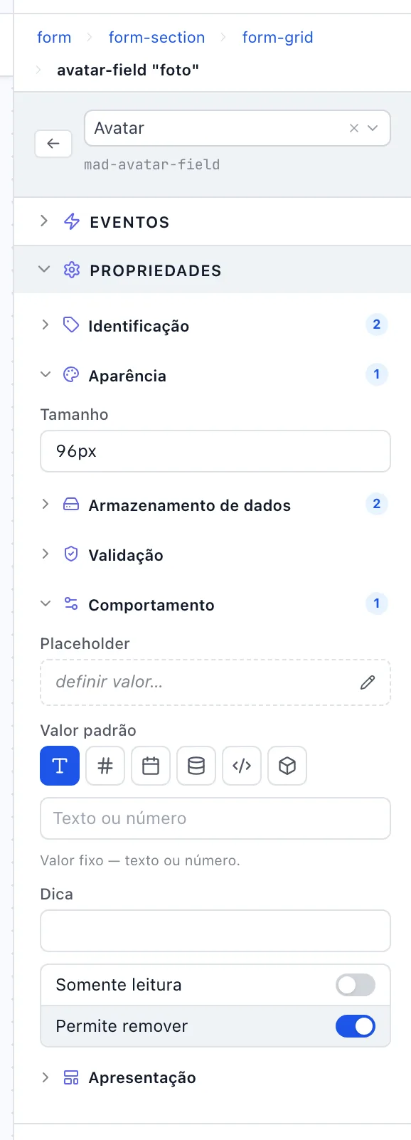 Painel de um campo Avatar com Aparência e Comportamento abertos