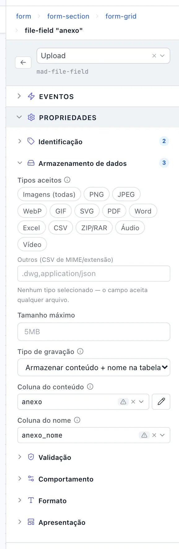 Painel de um campo Upload com Tipo de gravação em conteúdo na tabela, mostrando Coluna do conteúdo e Coluna do nome