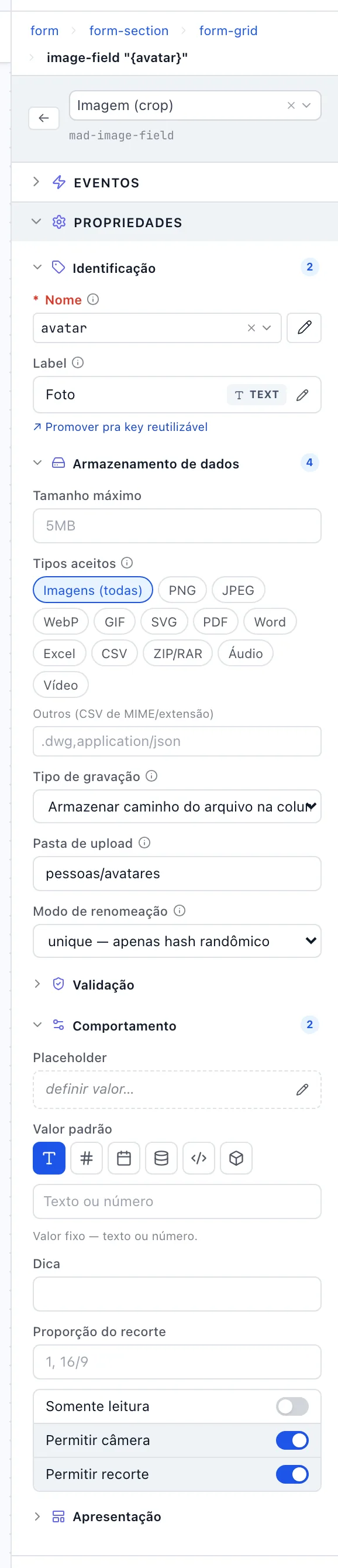 Painel de um campo Imagem com Armazenamento de dados e Comportamento abertos, mostrando câmera, recorte e proporção
