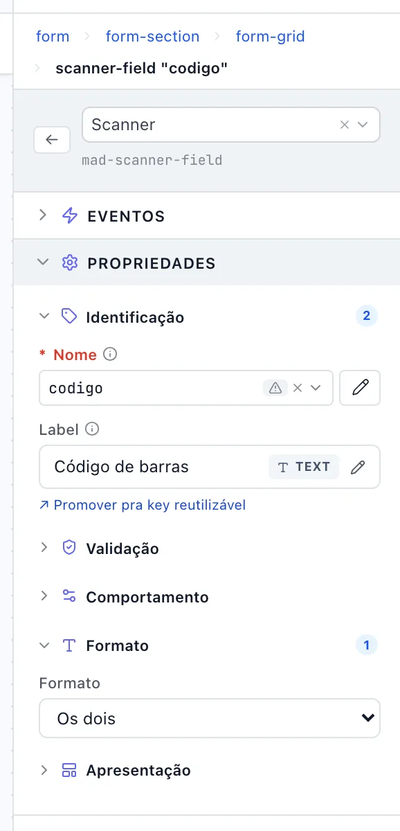 Painel de um campo Scanner com Identificação e Formato abertos