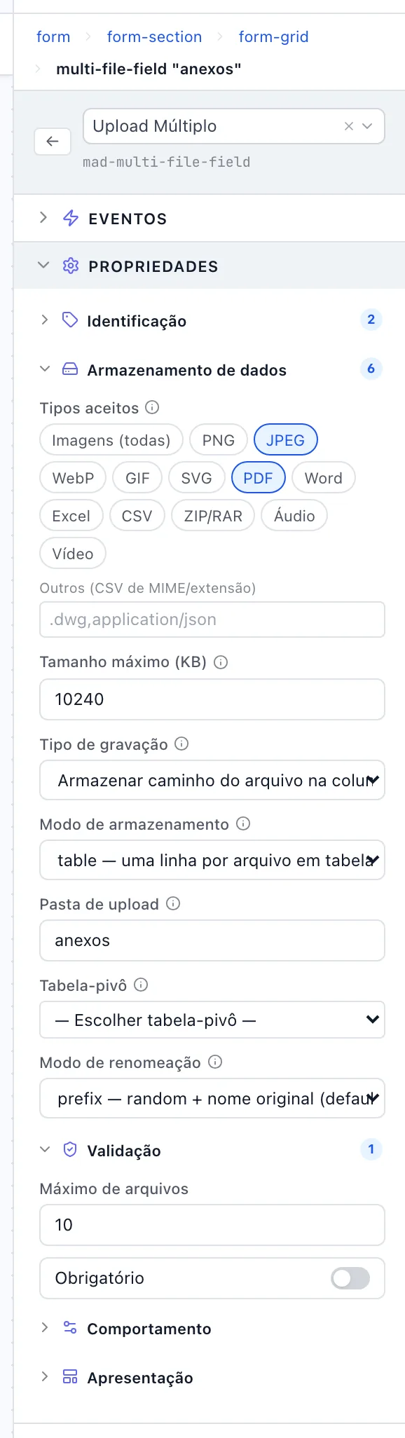 Painel de um Upload Múltiplo em modo tabela, com Modo de armazenamento, Tabela-pivô e os limites